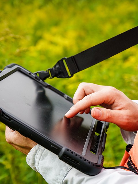 hands holding a device and entering data