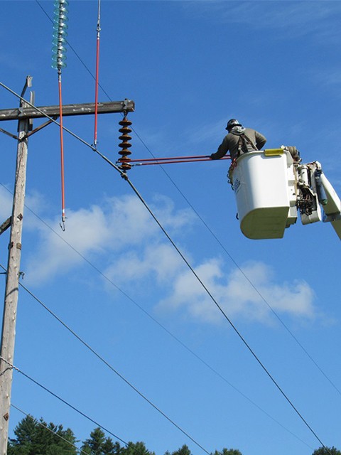 VELCO worker in lift bucket